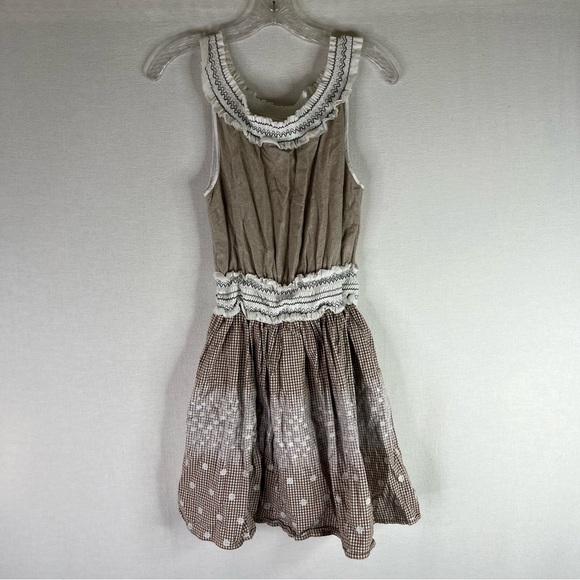 Esley Dress Womens Tan White Linen Cotton Daisy Embroidered Cottage Core Prairie - Picture 2 of 12